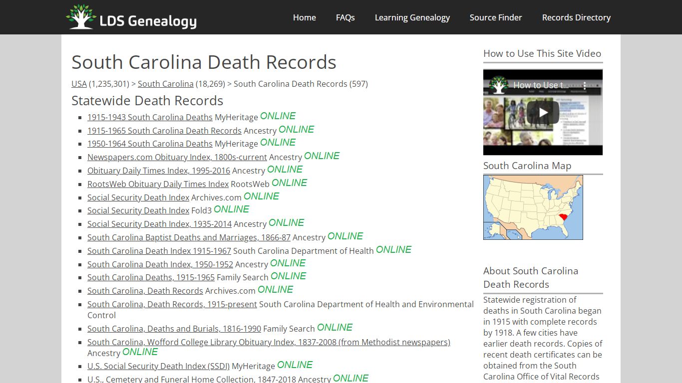 South Carolina Death Records - LDS Genealogy